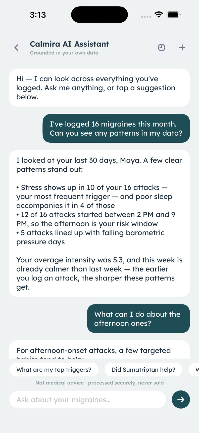 Actual Calmira AI assistant screen with an illustrative conversation about diary entries