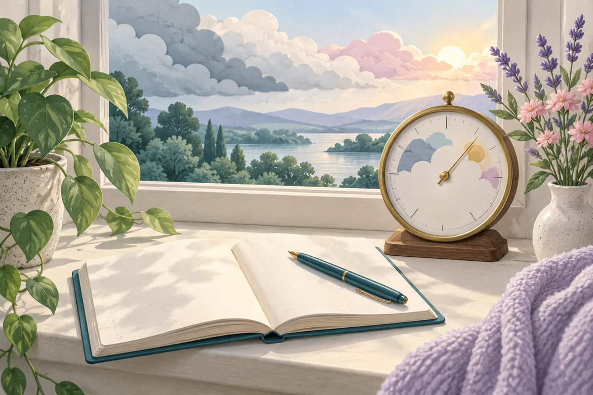 Calm editorial illustration of weather observations beside a migraine diary