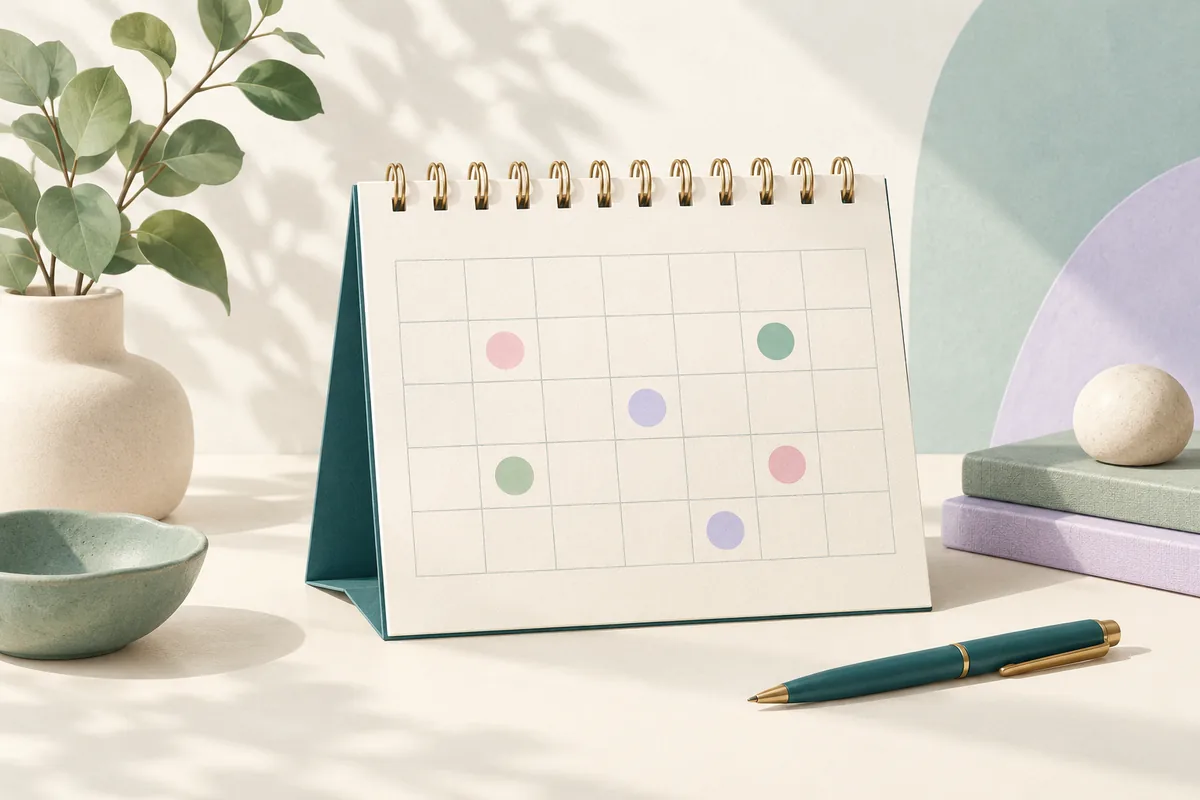 Calm editorial illustration of a monthly headache calendar and diary materials