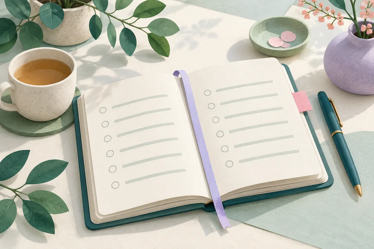 Calm editorial illustration about writing a single migraine diary entry