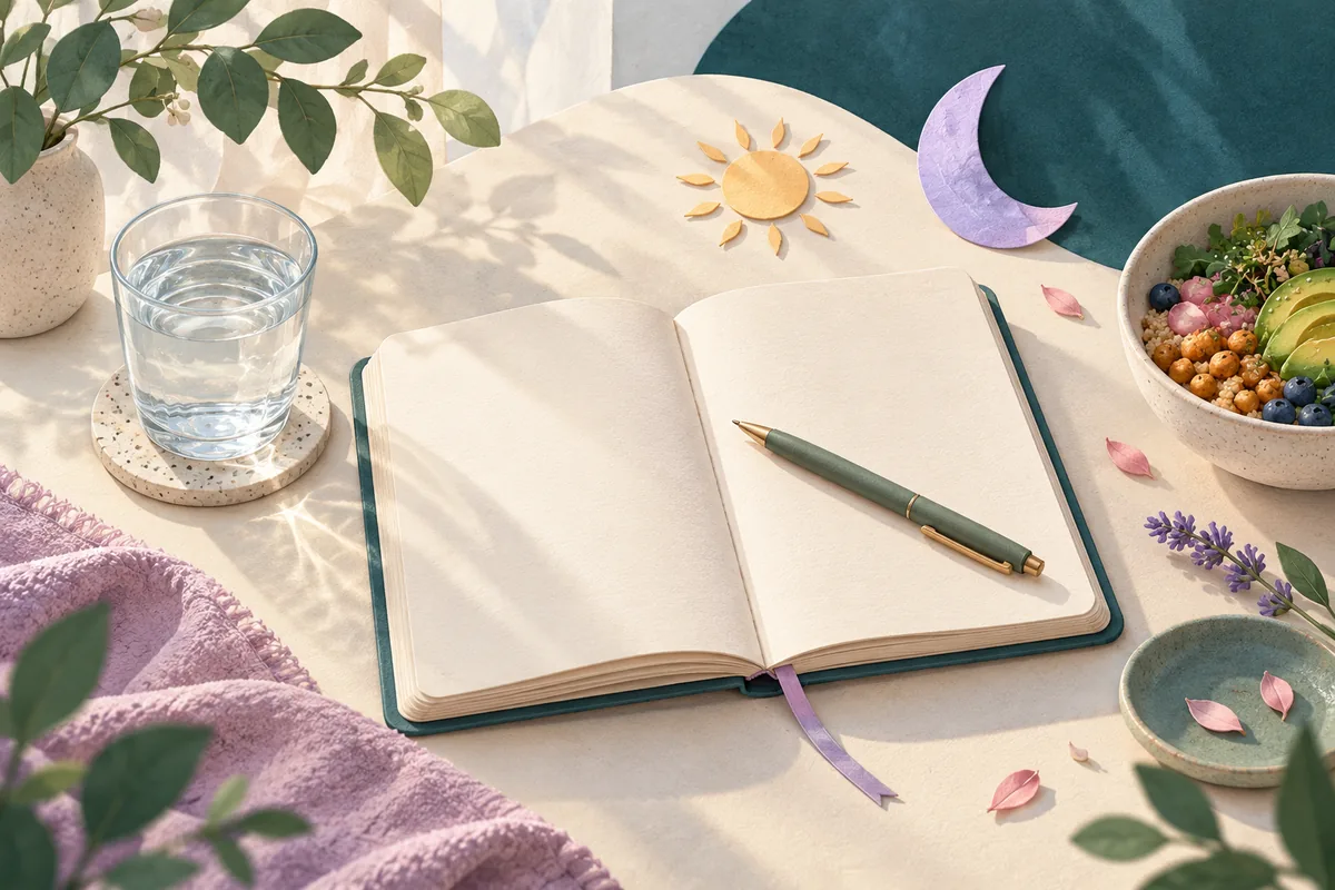Calm editorial illustration about recording possible migraine triggers