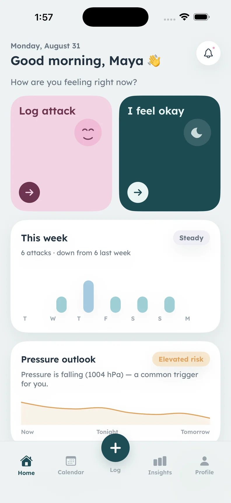 The real Calmira home screen with attack logging and pressure context
