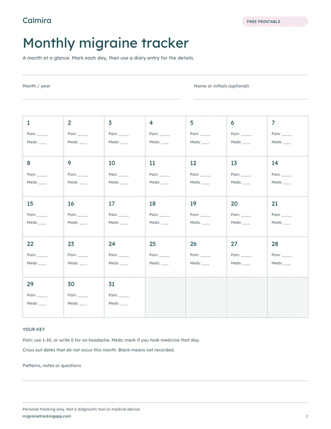 Preview of the monthly migraine tracker