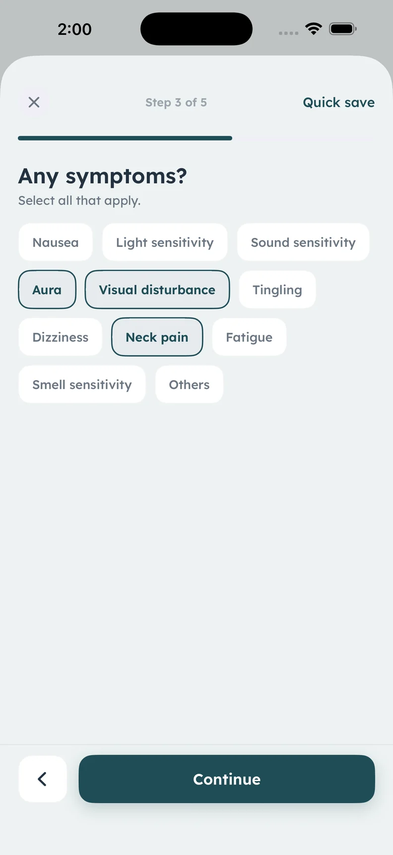 Real Calmira symptom selection screen with nausea, sensitivity, and other symptom options