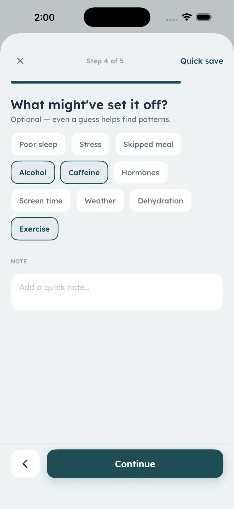 Calmira showing tags for recording possible migraine triggers